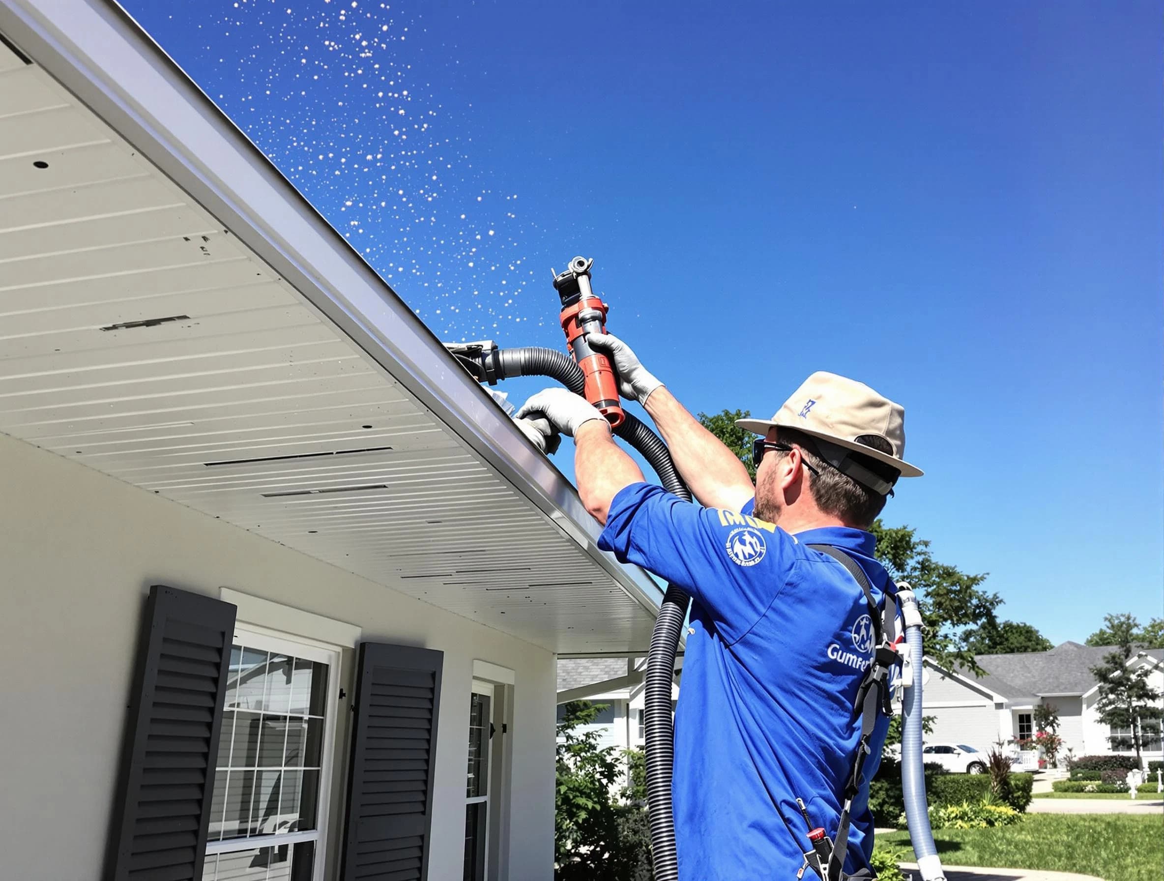 Technician completing a gutter cleaning project by Willoughby Roofing Company in Willoughby, OH