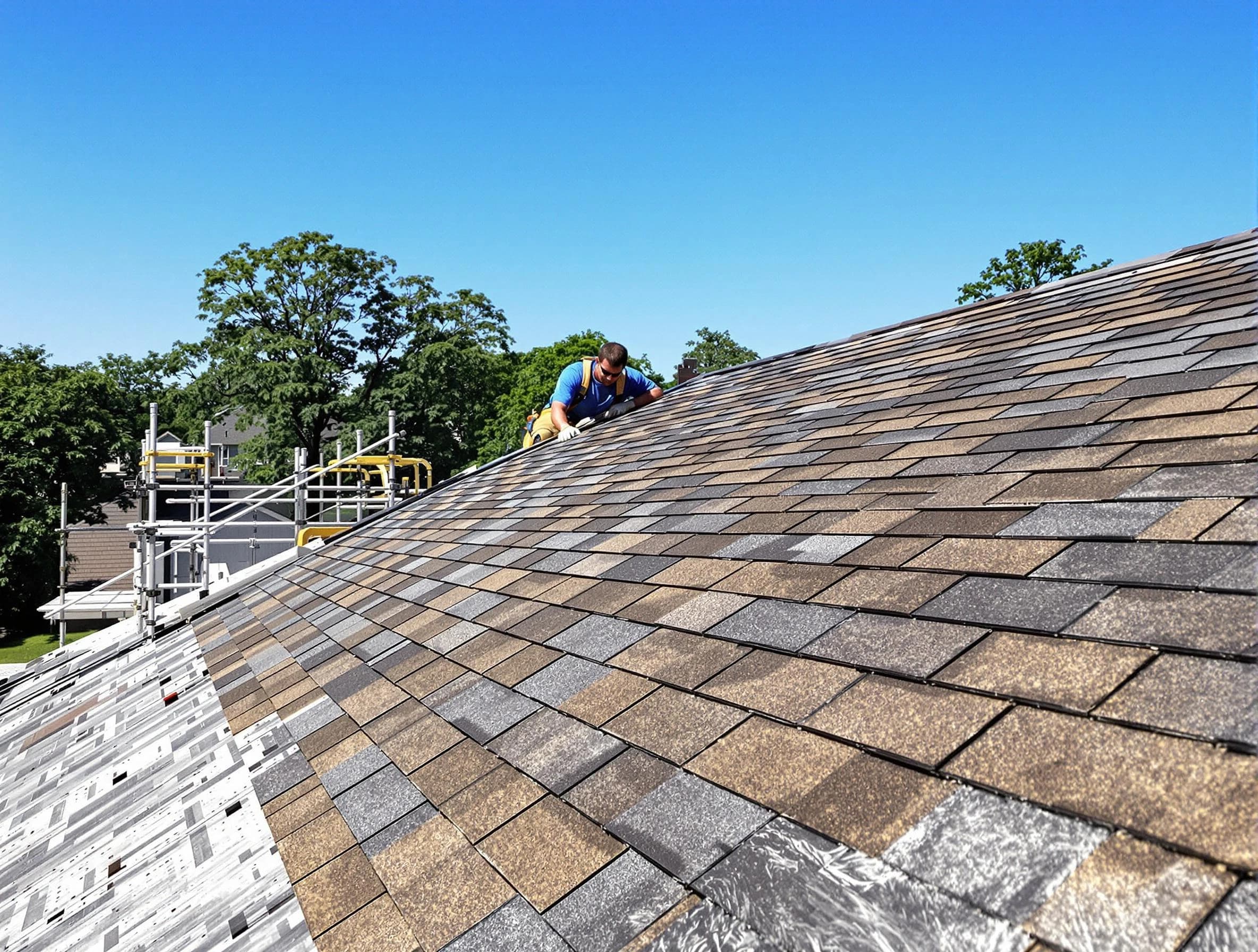 Close-up of new shingles installed by Willoughby Roofing Company in Willoughby, OH